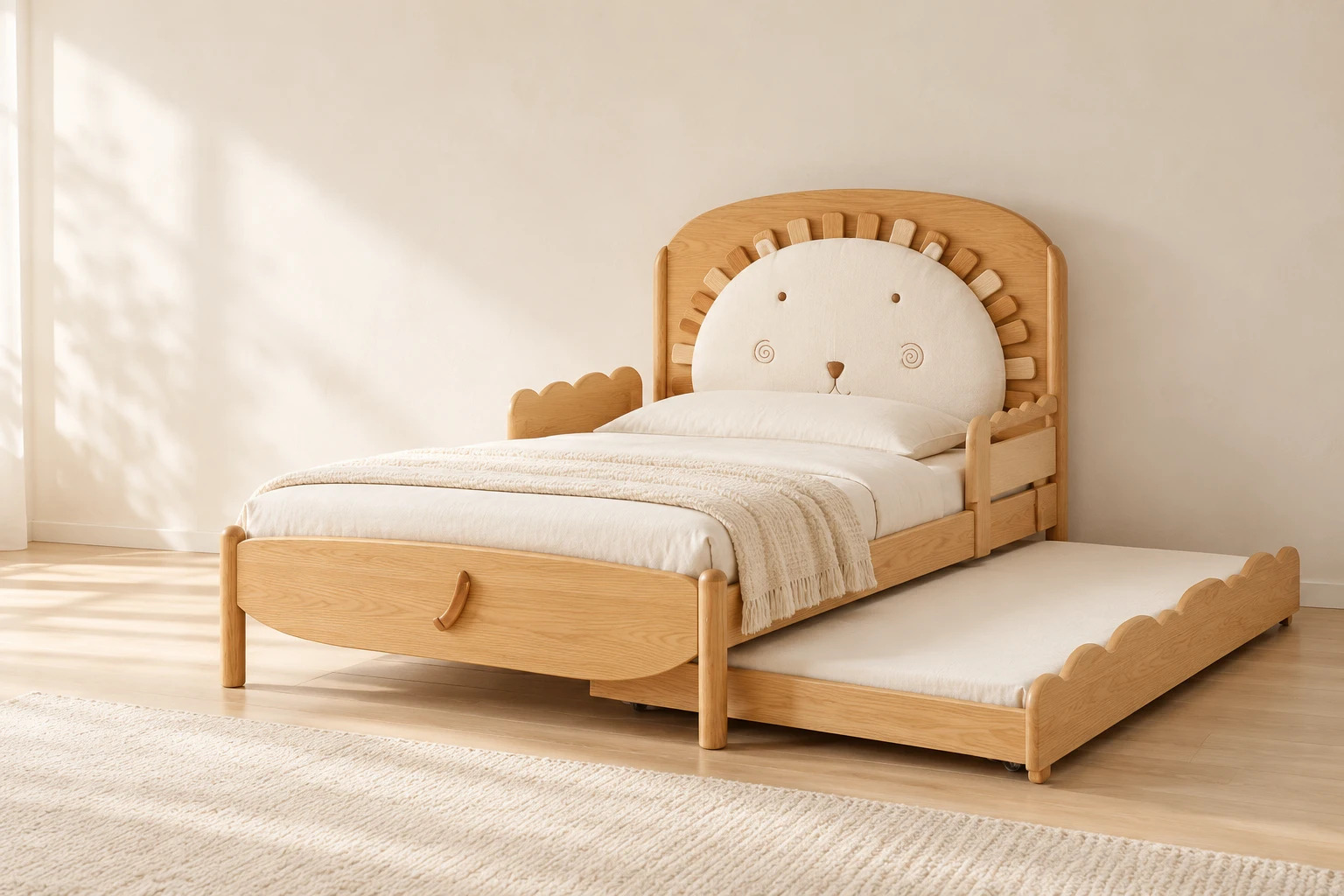 Oak bed with rounded character headboard and extended trundle
