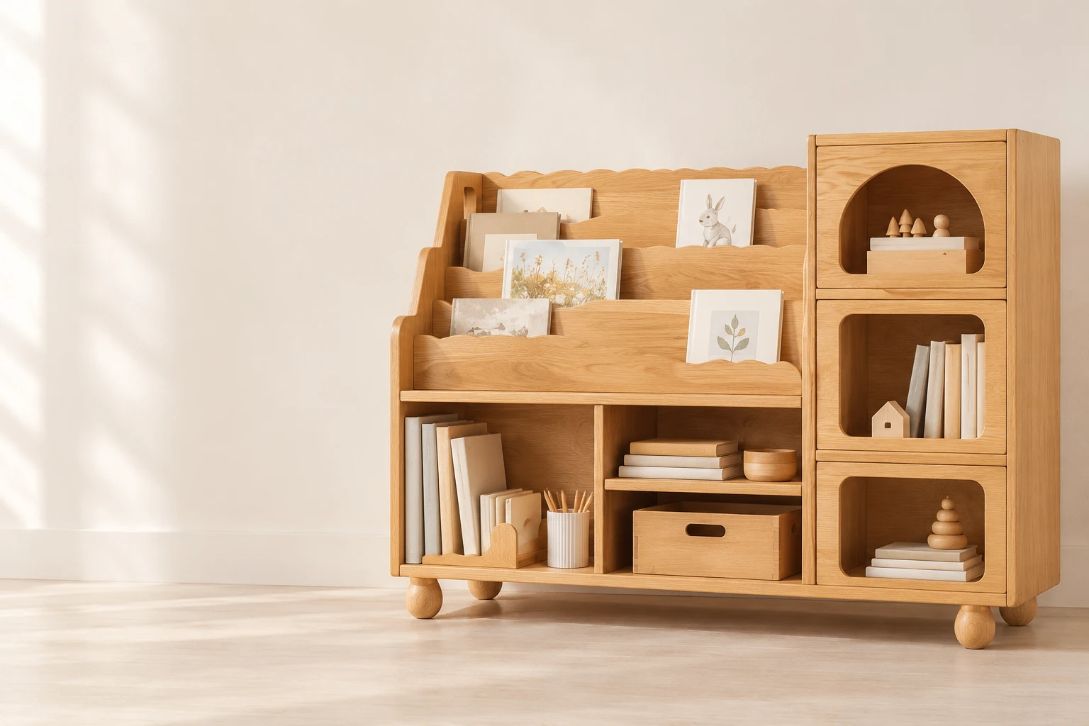 Oak bookcase with display pockets and arched compartments
