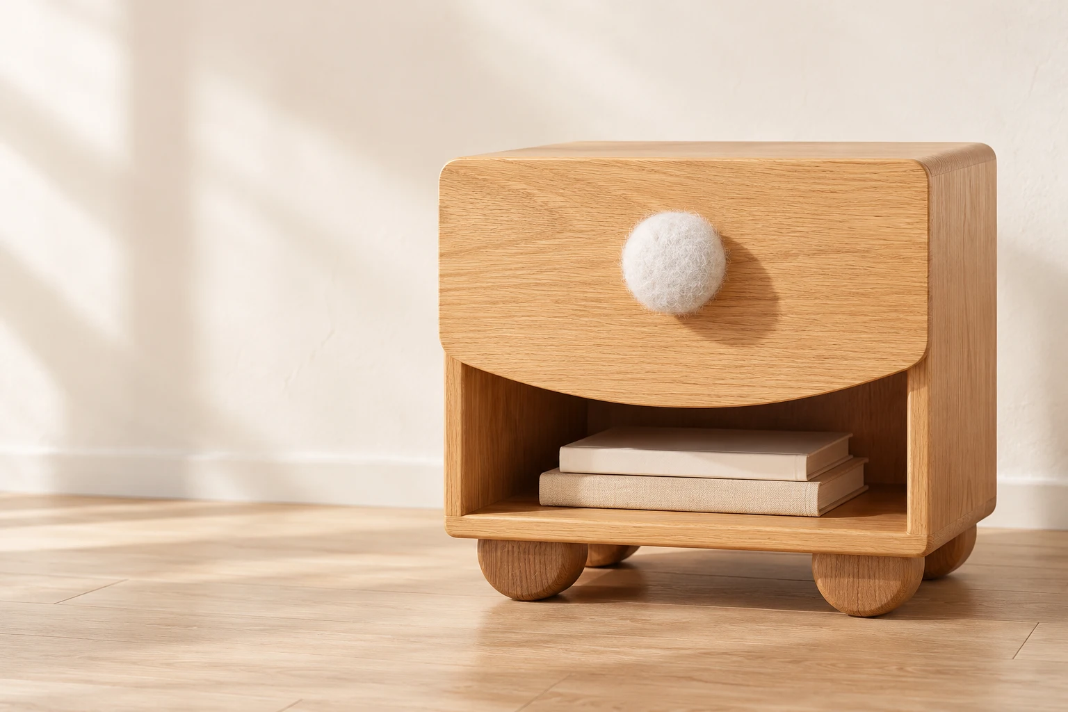 Rounded oak bedside cabinet with cream knob and open shelf