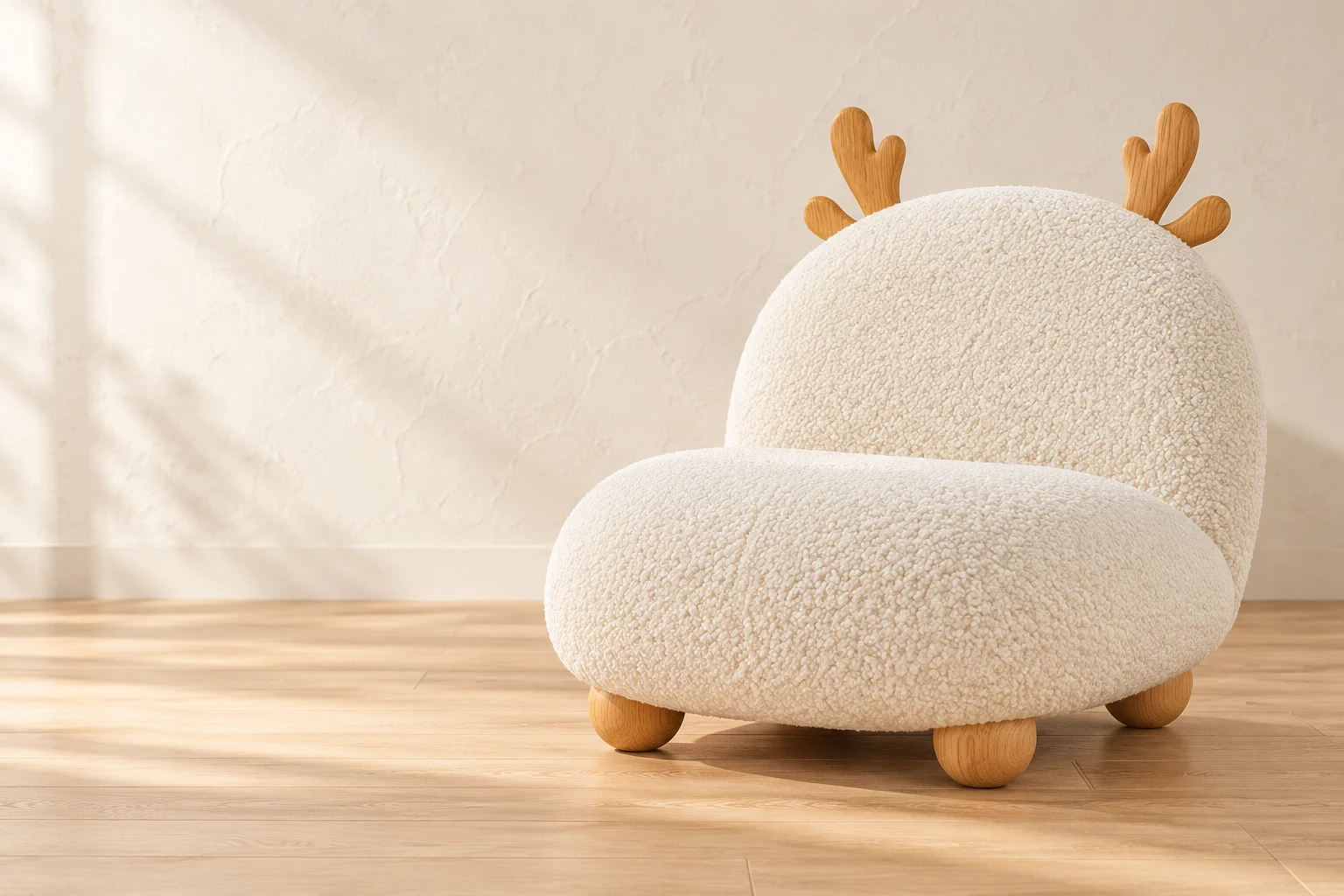 Cream upholstered chair with oak antler details