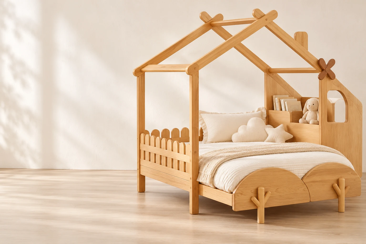 Oak house-frame bed with cream bedding and cushions