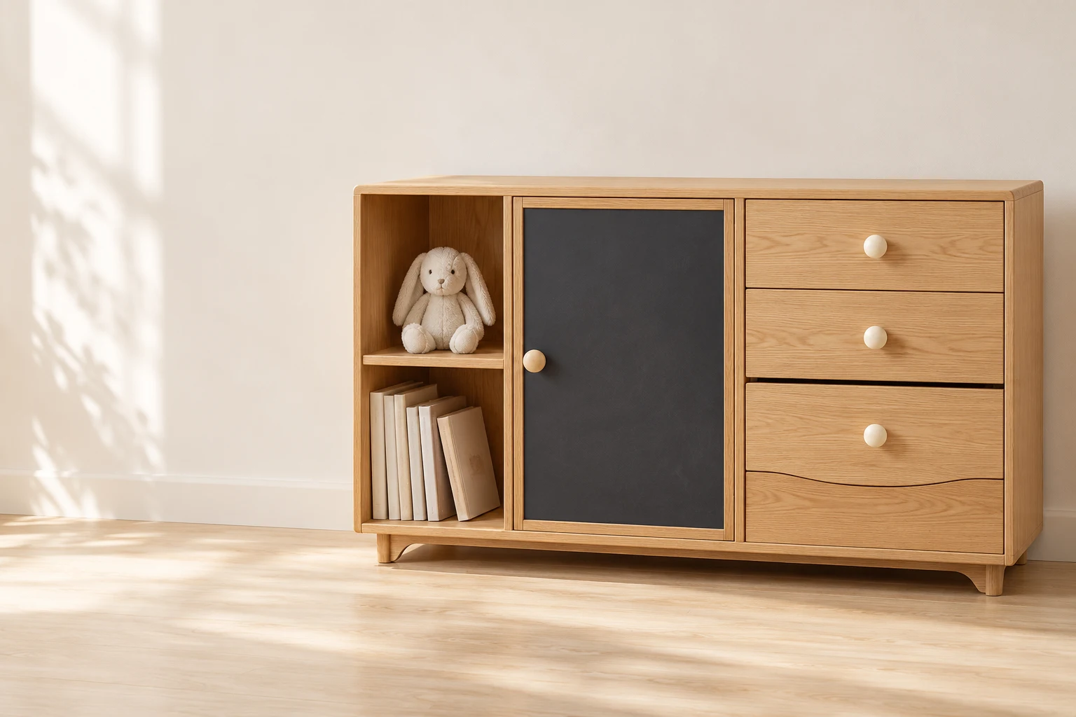 Oak storage cabinet with chalkboard panel, drawers and shelves