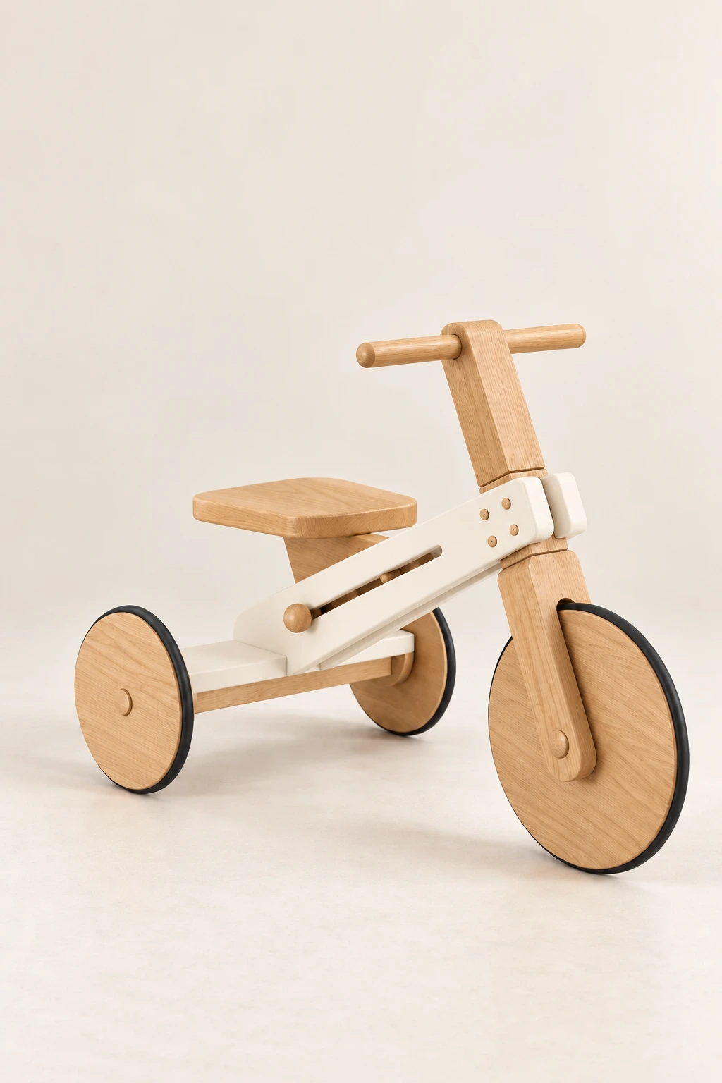 The Roamer: complete warm oak three-wheel ride-on with ivory frame and wooden handlebars