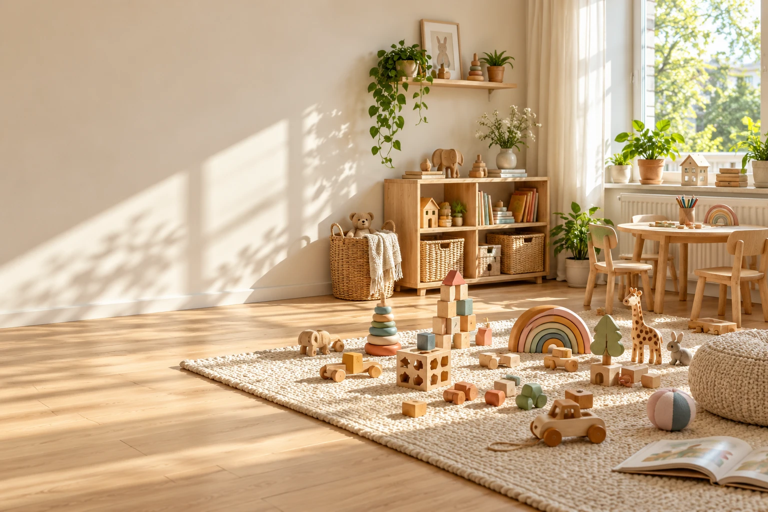 Sunlight through a window in an ivory playroom with scattered wooden toys, a woven rug and oak children’s furniture